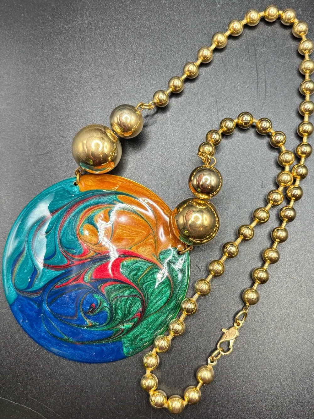 Vintage 80s Art to Wear Swirl Enamel Medallion Pendant Gold Tone Bead Necklace